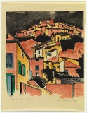 Artist: b'Thorpe, Lesbia.' | Title: b'A hill town in Provence' | Date: 1990 | Technique: b'linocut, printed in black ink, from one block; hand-coloured'