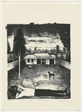 Artist: Gunning, Richard | Title: Figure in a backyard | Date: 1990 | Technique: lithograph, printed in black ink, from one stone