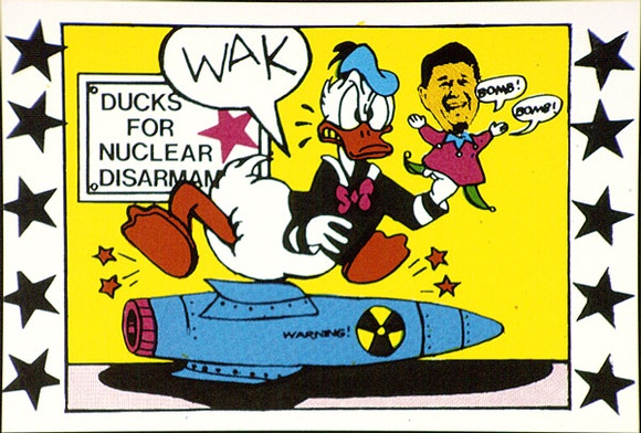 Title: b'Postcard: Ducks for nuclear disarmament.' | Date: 1984 | Technique: b'screenprint, printed in colour, from multiple stencils'