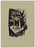 Artist: b'SELLBACH, Udo' | Title: b'(Still life with clock and pot plant)' | Date: 1950s | Technique: b'lithograph, printed in black ink, from one stone [or plate]'