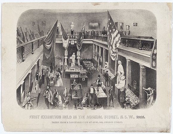Artist: b'Degotardi, John.' | Title: b'First exhibition held in the museum, Sydney, N.S.W.1855.' | Date: 1855 | Technique: b'lithograph, printed in black ink, from one stone'