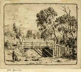 Artist: b'Farmer, John.' | Title: b'The little bridge over dry creek-bed on Bruny Island, Tasmania.' | Date: c.1960 | Technique: b'etching, printed in brown ink, from one plate'