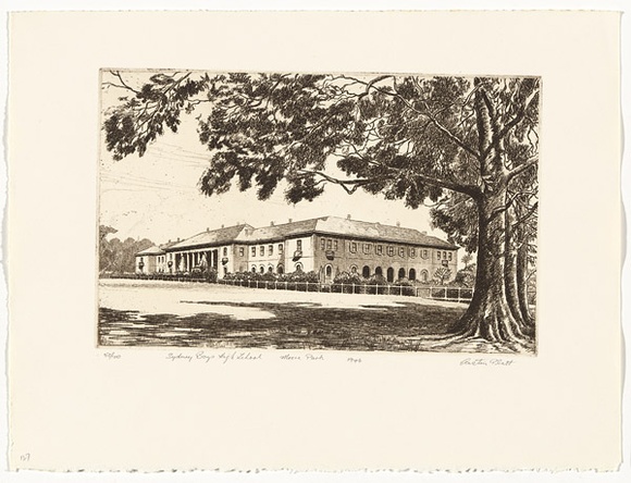 Artist: b'PLATT, Austin' | Title: b'Sydney Boys High School, Moore Park' | Date: 1946 | Technique: b'etching, printed in black ink, from one plate'