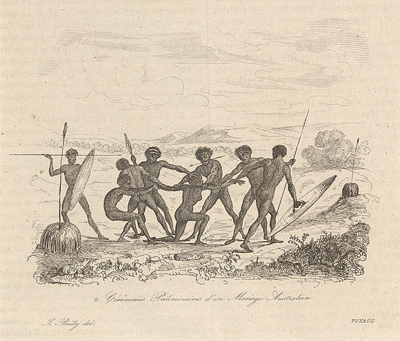 Title: bC\xc3\xa9r\xc3\xa9monies pr\xc3\xa9liminaires d'un mariage australien [Preliminary ceremonies of an Australian marriage] | Date: 1835 | Technique: b'engraving, printed in black ink, from one steel plate'