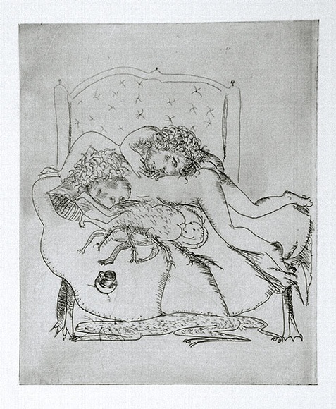 Artist: b'BOYD, Arthur' | Title: b'(Figures on a bed with a spider and a tea cup) (variant II).' | Date: 1970 | Technique: b'etching, printed in black ink, from one plate' | Copyright: b'Reproduced with permission of Bundanon Trust'