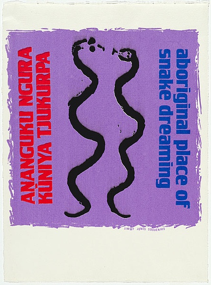 Artist: b'WORSTEAD, Paul' | Title: b'Aboriginal place of snake dreaming - ANANGUKU NGURA KUNIYA TJUKURPA' | Date: 1983 | Technique: b'screenprint, printed in colour, from four stencils' | Copyright: b'This work appears on screen courtesy of the artist'