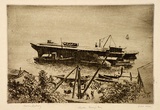 Artist: LINDSAY, Lionel | Title: Hulks, Berry's Bay | Date: 1920 | Technique: etching and foul biting, printed in brown ink with plate-tone, from one plate | Copyright: Courtesy of the National Library of Australia
