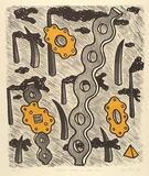 Artist: b'Bowen, Dean.' | Title: b'Industrial landscape with yellow gears' | Date: 1988 | Technique: b'lithograph, printed in yellow and black ink, from two stones'