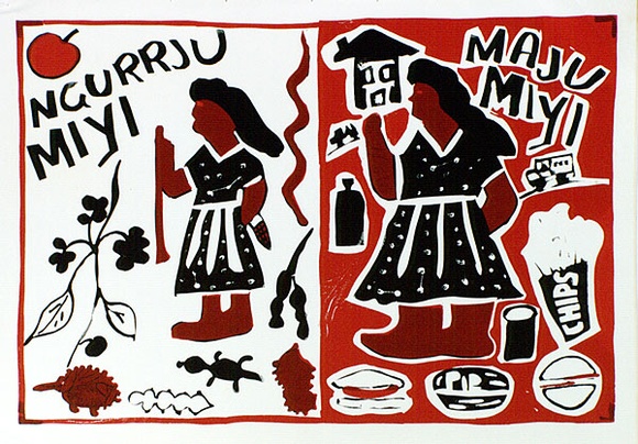 Artist: b'McMahon, Marie.' | Title: b'Ngurrju Miyi, Maju Maji (Good Food Bad Food) (2 colour stencils)' | Date: 1990 | Technique: b'screenprint, printed in colour, from three stencils'