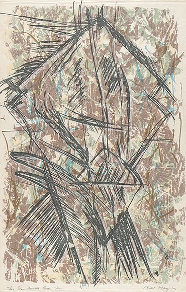 Artist: MEYER, Bill | Title: Grass monolith green straw | Date: 1987 | Technique: screenprint, printed in seven colours, from one direct emulsion reduction screen, two duotone screens and one hand drawn with charcoal on acetate for indirect photo screen | Copyright: © Bill Meyer