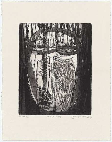 Artist: b'Andrews, Garry.' | Title: b'Christ - mask' | Date: 1992, November | Technique: b'etching, aquatint and open bite, printed in black ink from one plate' | Copyright: b'\xc2\xa9 Garry Andrews. Licensed by VISCOPY, Australia'