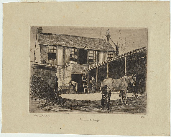 Artist: b'LINDSAY, Lionel' | Title: b'Sussex Street, Forge.' | Date: 1917 | Technique: b'etching, printed in warm black ink with plate-tone, from one copper plate' | Copyright: b'Courtesy of the National Library of Australia'