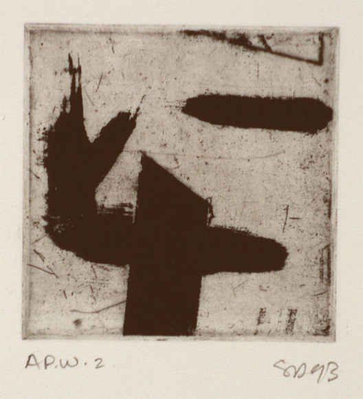 Artist: b'Danaher, Suzanne.' | Title: b'not titled [abstract forms - cross and stroke]' | Date: 1993 | Technique: b'etching, printed in black ink, from one plate'