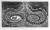 Artist: b'Bates, Badger' | Title: b'Nhatji Yarilana (Copulating rainbow serpents)' | Date: 1993 | Technique: b'linocut, printed in black ink, from one block'