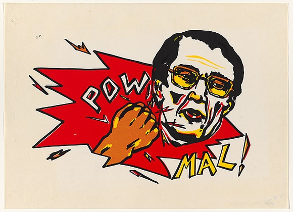 Artist: b'Debenham, Pam.' | Title: b'Pow Mal [Malcolm Fraser].' | Date: 1982 | Technique: b'screenprint, printed in colour, from three stencils'