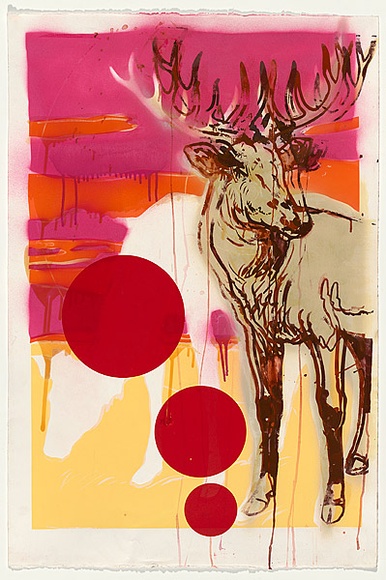 Title: b'No still eye deer [left panel]' | Date: 2000 | Technique: b'screenprint, printed in coloured ink, from multiple stencils; stencil, sprayed in coloured aerosol paint, from multiple stencils'