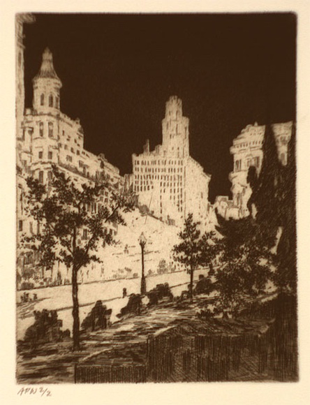 Artist: b'Stockfeld, R.H.' | Title: b'Swanston street, floodlit' | Date: c.1935 | Technique: b'etching and aquatint, printed in black ink, from one plate'