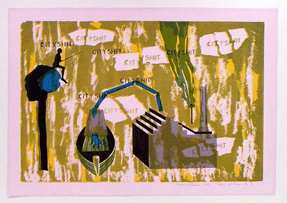 Artist: b'COLEING, Tony' | Title: b'Cityshit or September Thimages.' | Date: 1974 | Technique: b'screenprint, printed in colour, from multiple stencils'