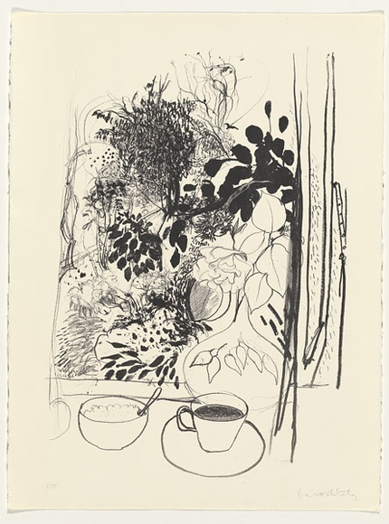 Artist: b'Whiteley, Brett.' | Title: b'View of the garden' | Date: 1977 | Technique: b'lithograph, printed in black ink, from one stone' | Copyright: b'This work appears on the screen courtesy of the estate of Brett Whiteley'