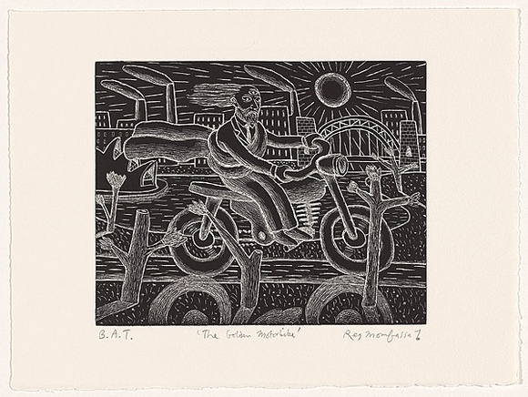 Artist: b'Mombassa, Reg.' | Title: b'The golden motorbike' | Date: 2002 | Technique: b'relief-etching, printed in black ink, from one plate'