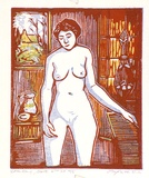 Artist: b'Taylor, John H.' | Title: b'Standing nude' | Date: 1975 | Technique: b'linocut, printed in colour, from three blocks'