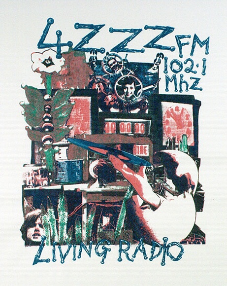 Artist: b'UNKNOWN' | Title: b'Living Radio t-shirt design' | Date: 1991, September | Technique: b'screenprint, printed in colour, from multiple stencils'