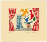Artist: RENNIE, Marian | Title: Not titled [two birds, tree trunk and plant framed by red curtains]. | Date: 1995 | Technique: screenprint, printed in colour, from seven stencils