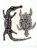 Artist: TUNGUTALUM, Bede | Title: Crocodile and turtle | Date: 1970s | Technique: woodcut, printed in black ink, from one block