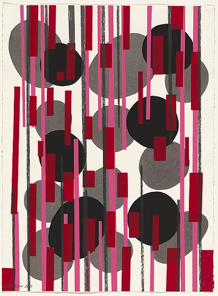 Title: b'not titled [vertical lines in pink red and grey over black and grey irregular circles]' | Date: 2011 | Technique: b'screenprint, printed in colour, from multiple stencils'