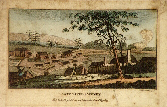 Artist: b'Woodthorpe, Vincent.' | Title: b'East View of Sydney' | Date: 1802 | Technique: b'etching, printed in black ink, from one copper plate; hand-coloured'