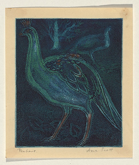 Title: b'Peahens' | Date: c.1953 | Technique: b'etching and aquatint, printed in colour, from multiple plates'