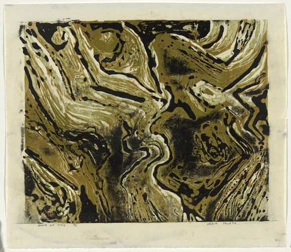 Artist: b'Thorpe, Lesbia.' | Title: b'Roots of time' | Date: 1960 | Technique: b'woodcut, printed in colour, from four blocks'