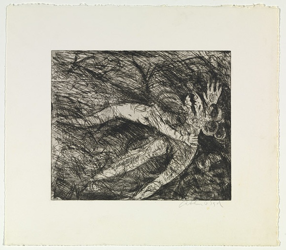 Artist: b'BOYD, Arthur' | Title: b'Nude with shark headed beast (Diana and Actaeon).' | Date: (1962-63) | Technique: b'etching and aquatint, printed in black ink, from one plate' | Copyright: b'Reproduced with permission of Bundanon Trust'