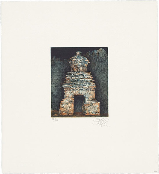 Artist: b'SCHMEISSER, Jorg' | Title: b'Chorten' | Date: 1985 | Technique: b'etching and aquatint, printed in colour from two plates' | Copyright: b'\xc2\xa9 J\xc3\xb6rg Schmeisser'