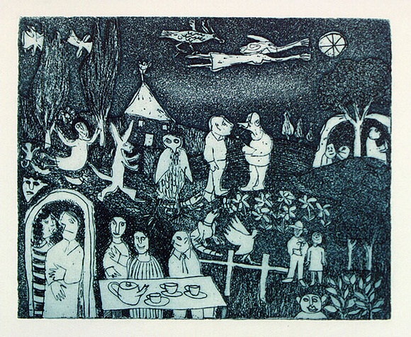 Artist: b'Allen, Joyce.' | Title: b'(Tea party).' | Date: (1980s) | Technique: b'etching, aquatint printed in blue ink, from one  plate'