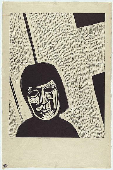 Artist: b'MADDOCK, Bea' | Title: b'Street crossing' | Date: 1966 | Technique: b'woodcut, printed in black ink by hand-burnishing, from one compostion board (masonite) block'