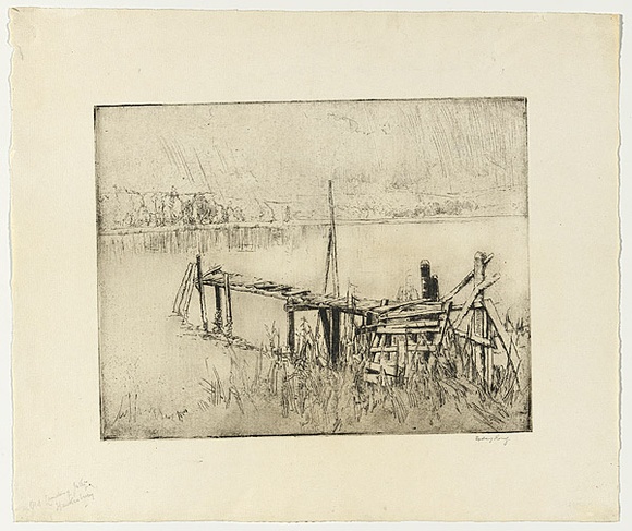 Artist: b'LONG, Sydney' | Title: b'The Old landing jetty, Hawksbury' | Date: 1928, before | Technique: b'line-etching, printed in black ink with plate-tone, from one plate' | Copyright: b'Reproduced with the kind permission of the Ophthalmic Research Institute of Australia'