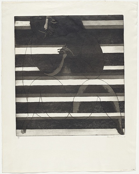 Artist: b'BALDESSIN, George' | Title: b'(Seated female nude juxtaposed with horizontal stripes).' | Date: 1968 | Technique: b'etching and aquatint, printed in black ink, from one plate'