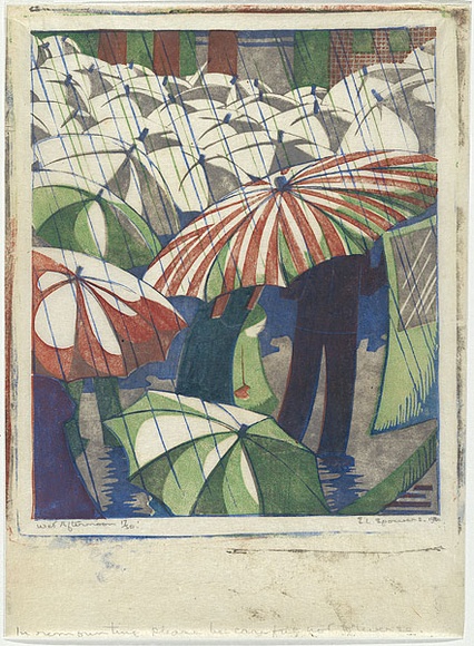 Artist: b'Spowers, Ethel.' | Title: b'Wet afternoon.' | Date: 1929-30 | Technique: b'linocut, printed in colour, from four blocks (grey, cobalt blue, reddish brown, emerald green)'