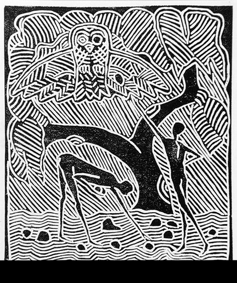 Artist: b'STREET, Mervyn' | Title: b'(Two men and bird)' | Date: 1986 | Technique: b'linocut, printed in black ink, from one block'