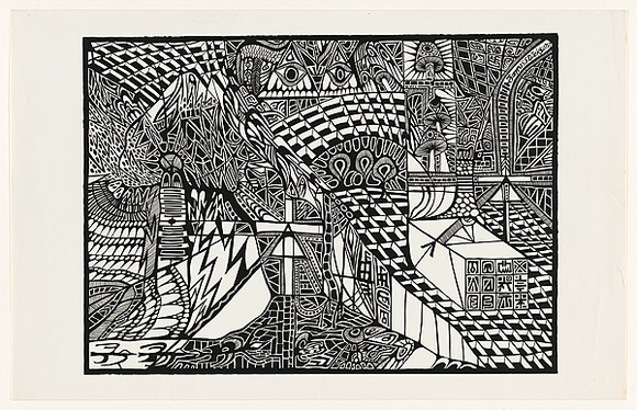 Artist: b'Dickson, Jim.' | Title: b'not titled [black and white surreal composition, two eyes in triangles upper centre and mushrooms on right].' | Date: 1970-1990 | Technique: b'screenprint, printed in black ink, from one stencil'