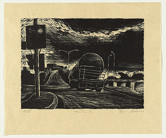 Artist: b'AMOR, Rick' | Title: b'The truck.' | Date: 1990 | Technique: b'woodcut, printed in black ink, from one block'