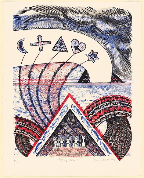Artist: b'Matchitt, Para.' | Title: b'Fishing kites I' | Date: 1988 | Technique: b'lithograph, printed in colour, from three plates'
