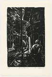 Artist: AMOR, Rick | Title: Truck and tramstop. | Date: 1991 | Technique: woodcut, printed in black ink, from one block