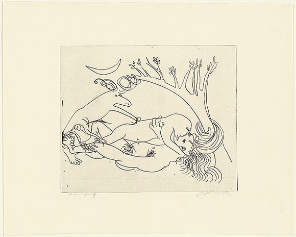 Artist: b'BOYD, Arthur' | Title: b'Ram and figures under a tree.' | Date: (1968-69) | Technique: b'etching, printed in black ink, from one plate' | Copyright: b'Reproduced with permission of Bundanon Trust'