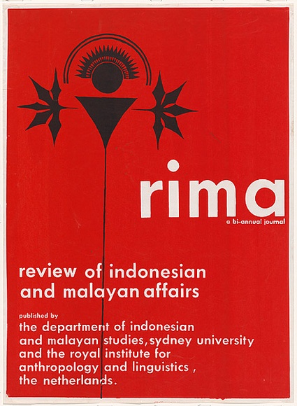 Artist: b'Lane, Leonie.' | Title: b'RIMA a bi-annual journal. Review of Indonesian and Malayan affairs.' | Date: 1978 | Technique: b'screenprint, printed in colour, from two stencils' | Copyright: b'\xc2\xa9 Leonie Lane'