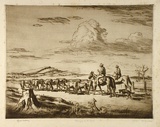 Artist: LINDSAY, Lionel | Title: Bringing in the cows | Date: c.1935 | Technique: drypoint, printed in brown ink with plate-tone with wiped highlights, from one plate | Copyright: Courtesy of the National Library of Australia