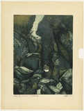 Title: Creek, punga and cloud - Karamatura | Date: 1970-1971 | Technique: wood-engraving, printed in intaglio in black ink, from multiple bamboo blocks; over lithograph or aquatint etching, printed in colour from three plates