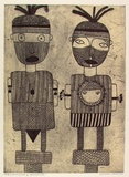 Artist: MUNGATOPI, Maryanne | Title: Murrukupuwara & malakaninga (young woman + young man) | Date: 1998, August | Technique: etching, printed in cream and black ink, from two plates