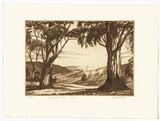 Artist: b'PLATT, Austin' | Title: b'Across the valley' | Date: 1945 | Technique: b'etching, printed in black ink, from one plate'